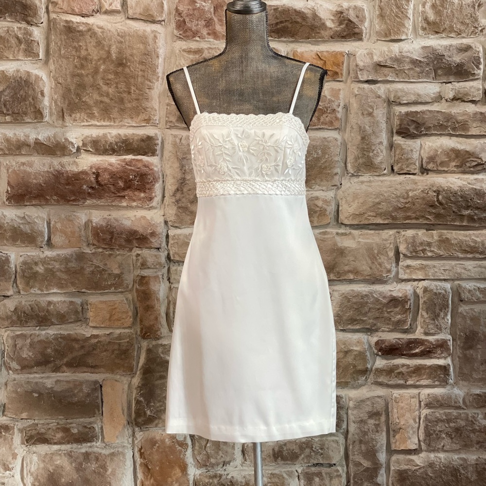 NWT- Sue Wong White Satin Empire Waist Dress, Size 8